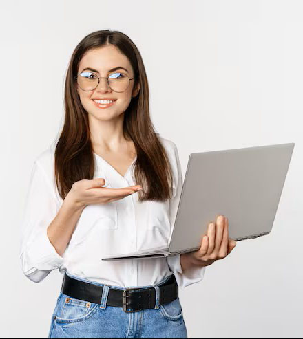 Portrait Woman Glasses Holding Laptop Pointing Screen Showing Her Work Computer Standing 1258 86046
